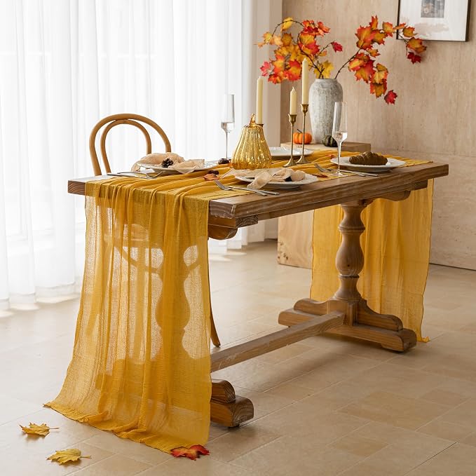 6Pcs Fall Golden Cheesecloth Table Runner 120 Inch Party Home Decor | For Thanksgiving Friendsgiving Wedding Bridal Shower Baby Shower Engagement Party 10FT Rustic Boho Home Decorations