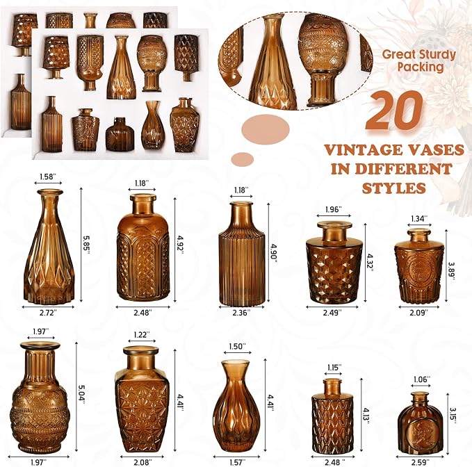 Inbagi 20 Pcs Glass Bud Vase Set - Dark Amber Small Flower Vases Bulk, Vintage Embossed Decorative Bottles for Wedding Valentine Home Table Centerpieces Decor