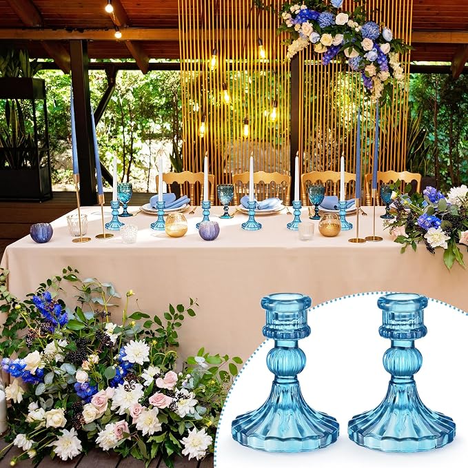 24 Pcs Glass Candle Holder Set 12 Candlestick White Candles,Blue | Clear Glass Holders with Taper Candles for Wedding Party Dinner Table Centerpiece, Elegant Classic Design Event Decor
