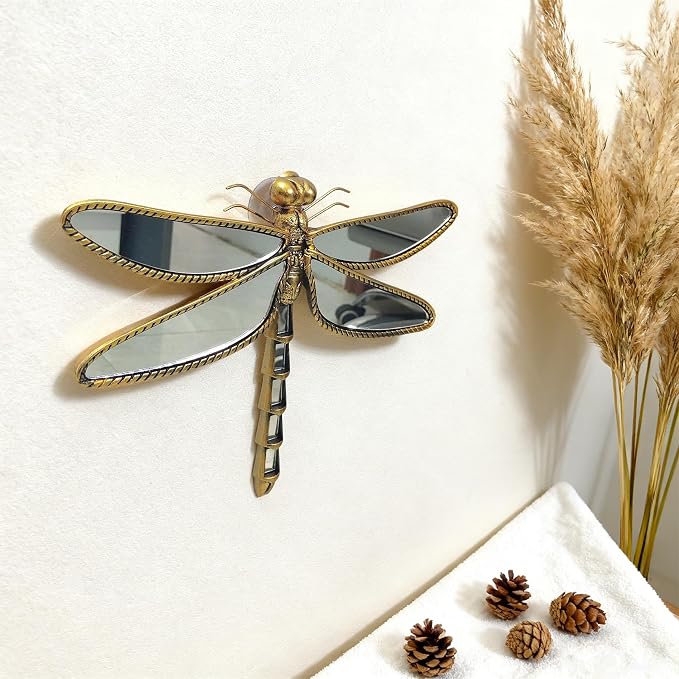 Golden Dragonfly Wall Mirror, Vintage Resin Dragonfly Mirror Wall Decor | Decorative Dragonfly Mirror Wall Sculpture, Insect Mirror Wall Decor, Wall Mounted Decor for Living Room Bedroom and Entryway