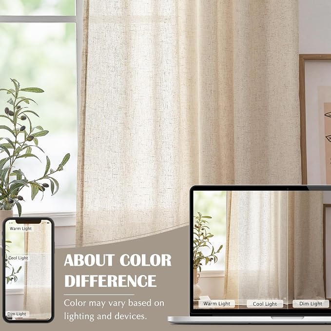jinchan Linen Curtains Light Filtering Back Tab 50x84 Inch 2 Panels Beige | Semi Sheer Curtains 84 inch length for Bedroom Living Room, Modern Farmhouse Drapes with Rod Pocket, Natural Boho Curtains
