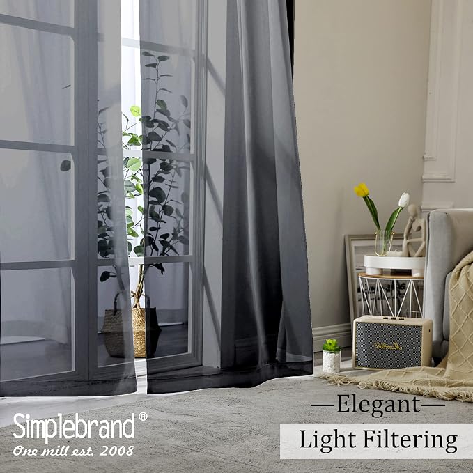 Simplebrand Black Sheer Curtains 108 Inches Long, Extra Long Rod Pocket Solid Color Window Sheer Curtain Panels, Elegant Curtains & Drapes for Living Room, Bedroom 2 Panels (Black, 42" W x 108" L)