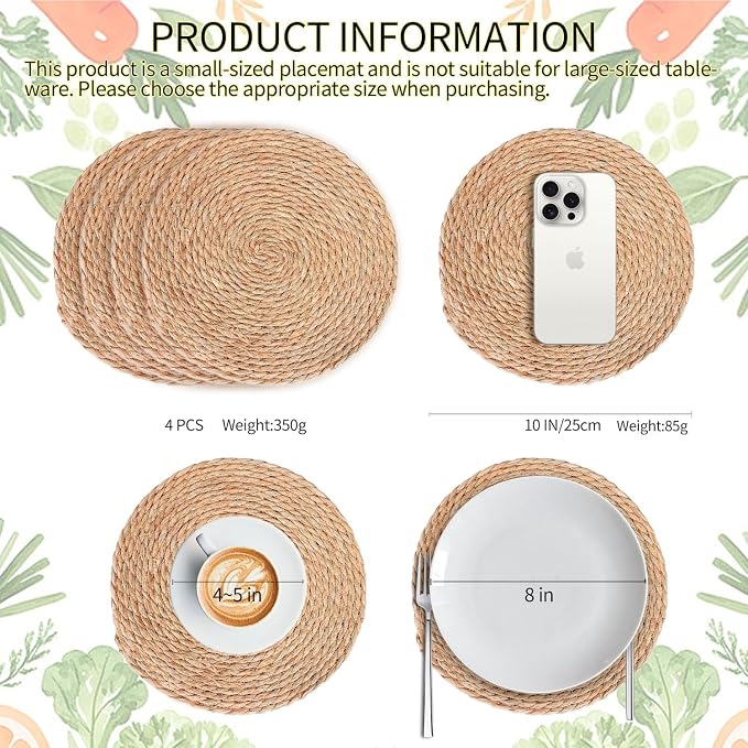 Small Woven Placemats Set of 4, 10 Inch Mini Rattan Placemats Coaster Wicker Place Mats,Natural Farmhouse Jute Braided Table Runner for Small Tableware Please Choose Carefully (10 Inch)