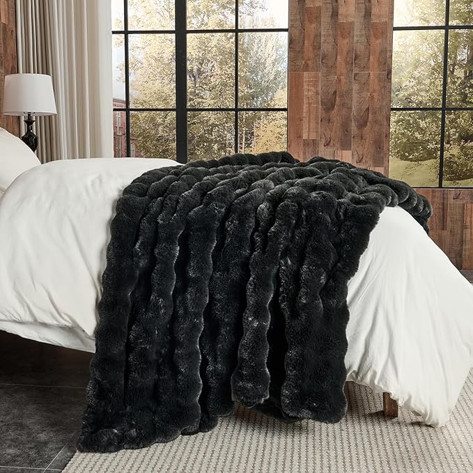 Lotus Karen Faux Fur Blanket Black - Big Bubble Rabbit Fluff King Throw for The Bed Large Fluffy Fuzzy Cozy Thick Furry Plush Shaggy Blankets 108x90 Inches