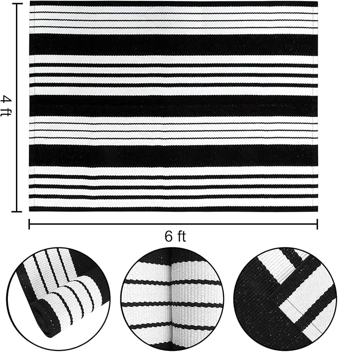 Black and White Outdoor Patio Rug 4'x 6',Cotton Porch Outdoor Area Rug | Machine Washable Hand-Woven Farmhouse Indoor Outdoor Porch Mat for Patio Area Rug