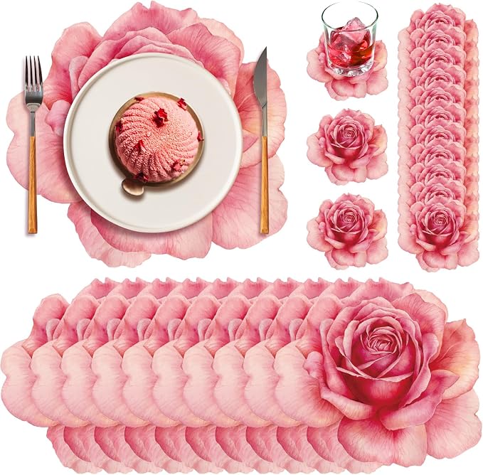 Geosar 200 Pcs Pink Floral Paper Placemats and Coasters Rose Flower Design | With Coasters for Drinks, Charger Size Fits Plates, Tropical Leaf Themed, For Tea Party Wedding Bridal Shower Birthday