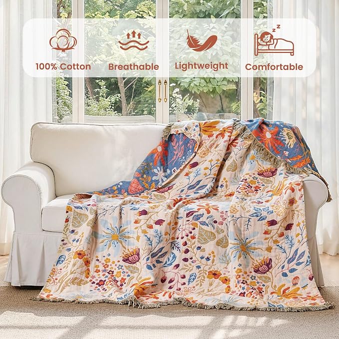 MSGKV Boho Throw Blanket 50"x60" 100% Cotton Floral Blanket Couch Decor | Muslin Blanket, Floral Pattern, Chair Throw, Summer Breathable, Lightweight, Farmhouse Decor, Home Decor, Machine Washable