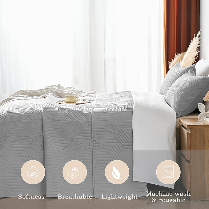 Davulos Twin Quilt Bedding Set,Light Grey Ultrasonic Quilt Set Reversible Microfiber Bedspread,Lightweight Soft Modern Geometric Coverlet Set for All Seasons(1 Quilt,1 Pillow Sham)
