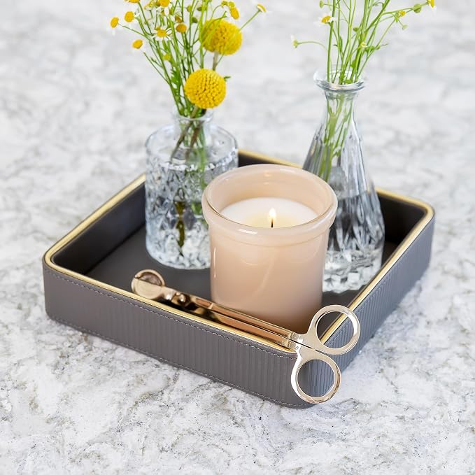 Gray Nightstand Bedside Organizer Tray|Key Bowl for Entryway Table| Bowl for Keys and Wallet Catch All|Small Leather Valet Tray Desk Organizer|EDC Trinket Catchall Key Holder Bowl|Key Basket or Dish