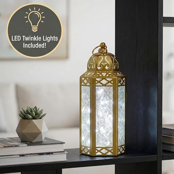 Vela Lanterns Decorative Indoor Fairy Light Ramadan Candle Holder, Gold, M | Eid Mubarak & Wedding Decorations, Turkish Moroccan Metal Hanging Lamp, Table Centerpieces, Outdoor Porch, 10.5" Tall