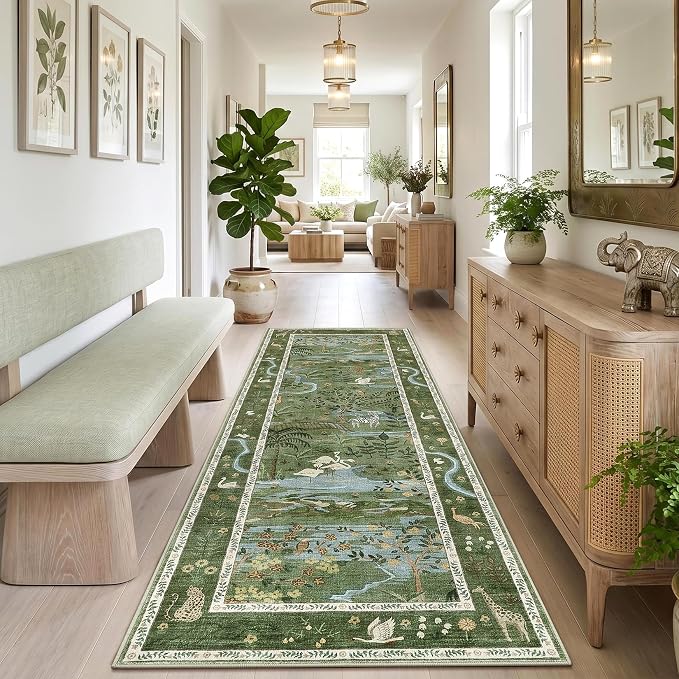 2x6 Hallway Runner Rug Non Slip Forest Nursery Runners Washable Stain Resistant Fairy Tale Whimsical Long Runner Carpets Girls Room Green Safari Animal Rugs for Living Room Kitchen Bedroom, Green