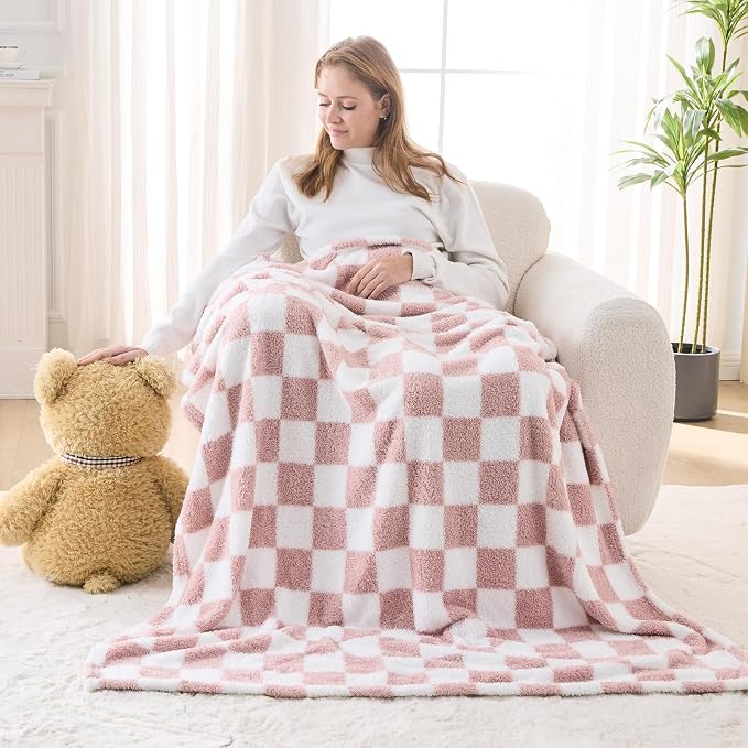 NEWCOSPLAY Knitted Throw Blanket for Couch Sofa Bed, Pink White, 50"x60" | Super Soft Plush, Fuzzy Fluffy Microfiber, Lightweight Cozy Blanket for Room Decor, All Season Use