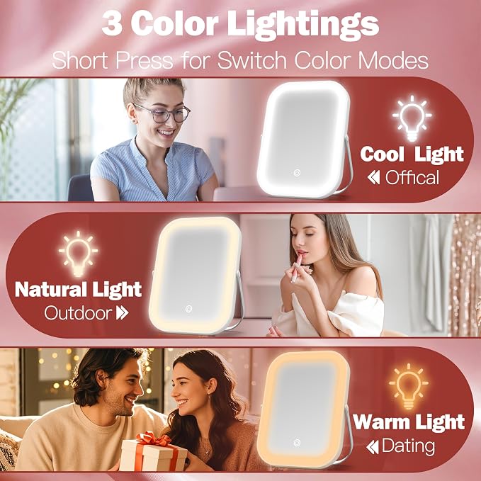 ROLOVE 6x8 Inch Rechargeable Makeup Mirror with Lights, 3 Color, Portable