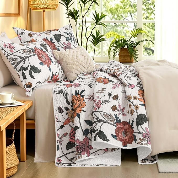 Litanika Floral White Quilt Oversized King - 3Pcs Botanical Bedding Set | Super King Bedspread Summer Lightweight Soft Coverlet with Orange Flower for All Seasons (120"x120")