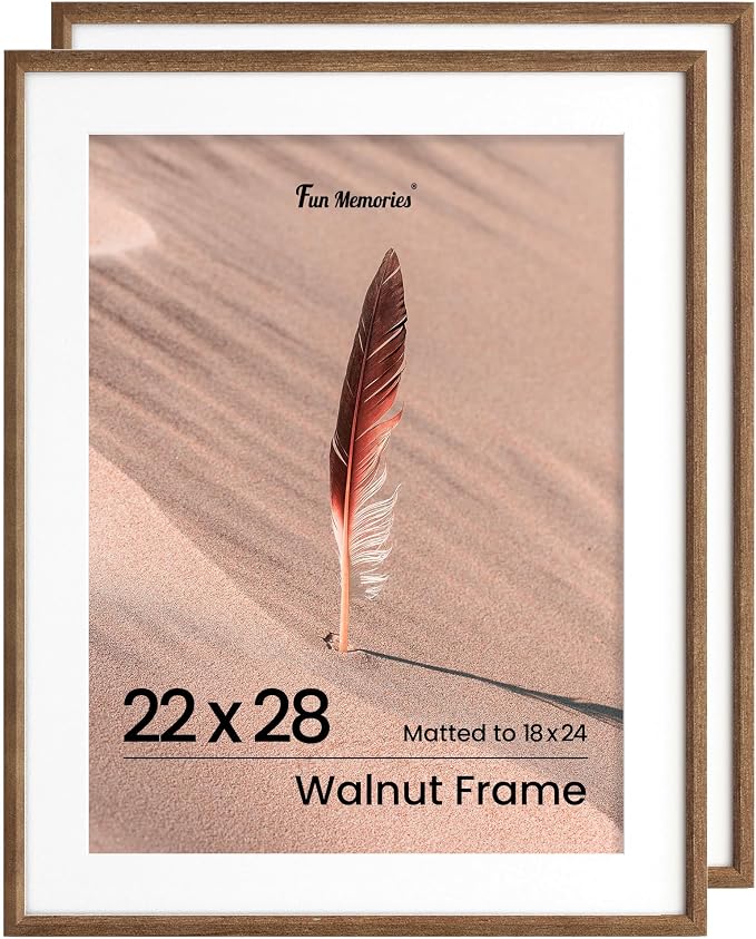 Fun Memories 22x28 Poster Frame, Solid Oak Wood Picture Frames, Modern Photo Frame for Wall 22x28 with 18x24 Mat, High Definition Plexiglass & Wall Hook Included (Walnut, 2 Pack)
