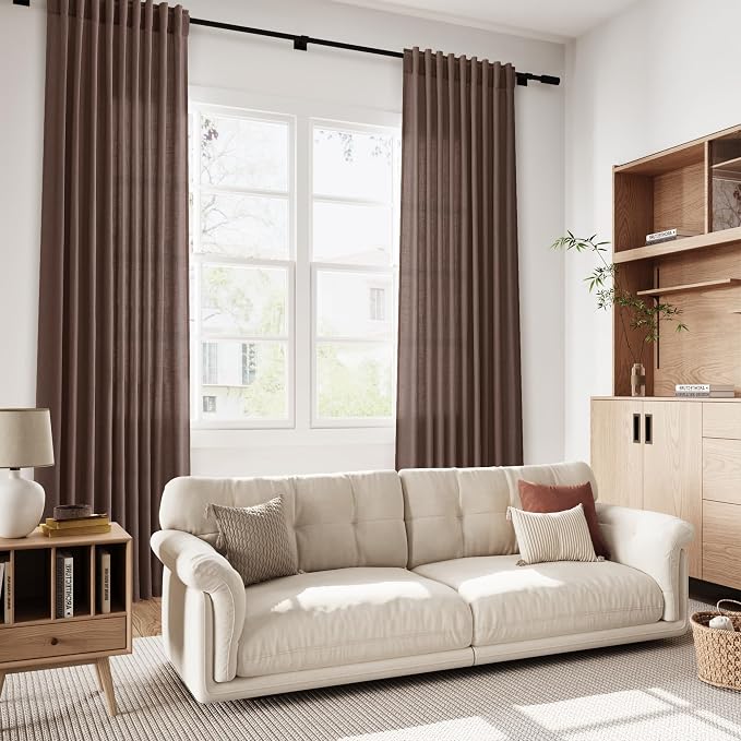 Extra Long Curtain Cappuccino Morden Linen Blend Light Filtering Back Tab Curtains for Long Winodws 120 Inches Length, Semi Sheer Privacy Drapes for Living Room, 52x120 inch, 2 Panels