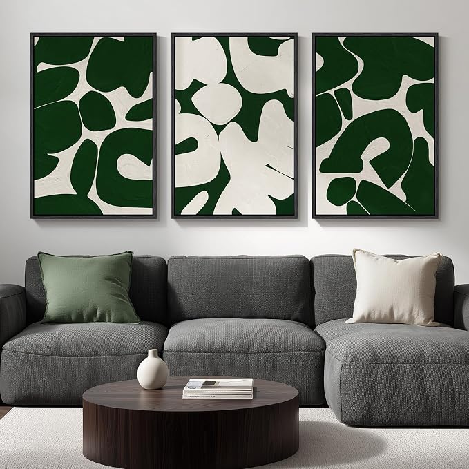 Large Framed Green White Abstract Wall Art for Living Room, 3 Piece 24x36 | Mid-century modern pictures, Canvas prints, Wood frame, Minimalist wall paintings, Wall decor for bedroom entryway hallway