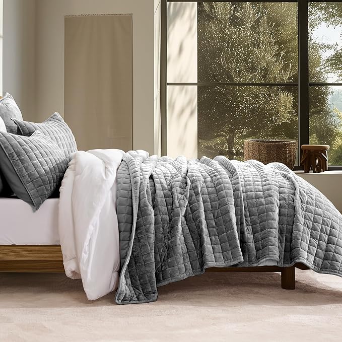 RECYCO Channel Box Stitch Velvet Quilt Set, King Size, Charcoal Gray | Ultra Soft Lightweight Velvet Comforter, Luxury Oversized Bedspread Coverlet, Quilted Bedding Set for All Season with 2 Shams
