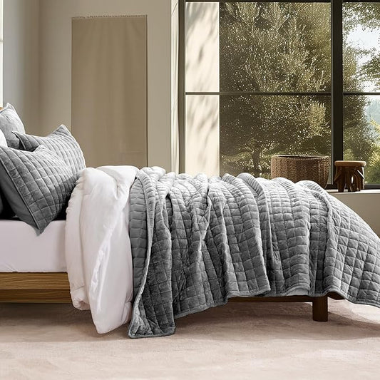 RECYCO Channel Box Stitch Velvet Quilt Set Twin/Twin XL Size, Charcoal Gray | Ultra Soft Lightweight Velvet Comforter, Luxury Oversized Bedspread Coverlet, Quilted Bedding Set for All Season with 1 Sham