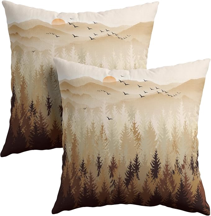 Fall Misty Forest Throw Pillow Covers 18x18 Inch Set of 2 Brown Mountain Woodland Decorative Pillow Cases Nature Pine Trees Farmhouse Cotton Linen Square Cushion Cover for Home Sofa Couch Bed Patio