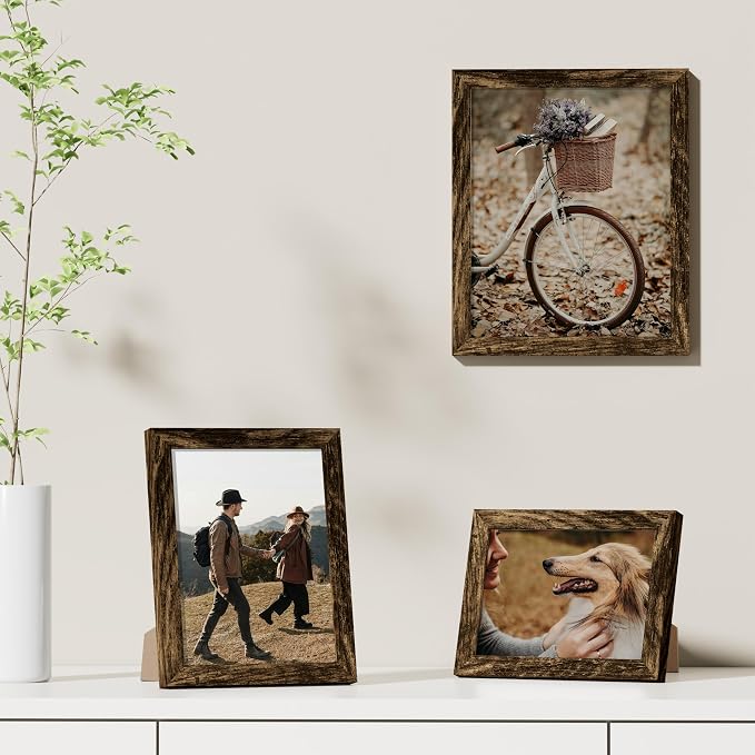 Vittanly 8x10 Picture Frames Set of 9 for Wall or Tabletop Display, Brown | Display Pictures 5x7 with Mat or 8x10 without Mat, Small Photo Frames, Engineered Wood with Shatter Resistant Plexiglass