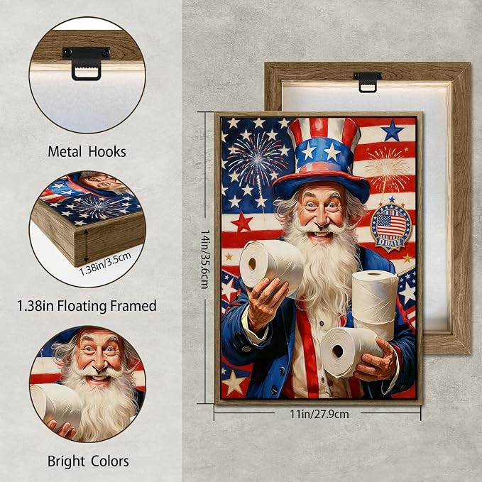 American Flag Framed Canvas Wall Art, 4th of July Patriotic Canvas Prints | Humorous Uncle Sam Toilet Paper Poster Print, Independence Day Wall Decor for Bedroom Bathroom Living Room 11×14in