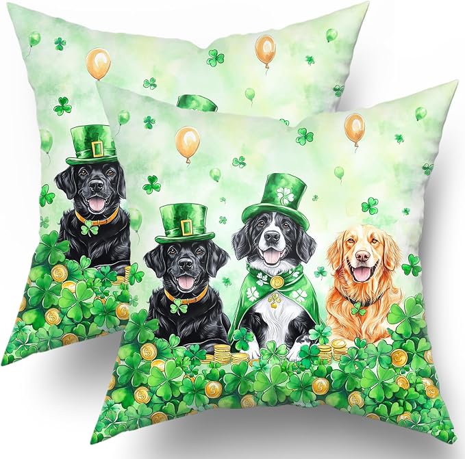 St. Patrick's Day Pillow Covers 2 Pack 16x16 inch Leprechaun Hat Dog Cotton Pillowcase Shamrock and Gold Coin Happy Holiday Throw Pillow Cases Irish Green Decorative Cushion Covers for Sofa Couch