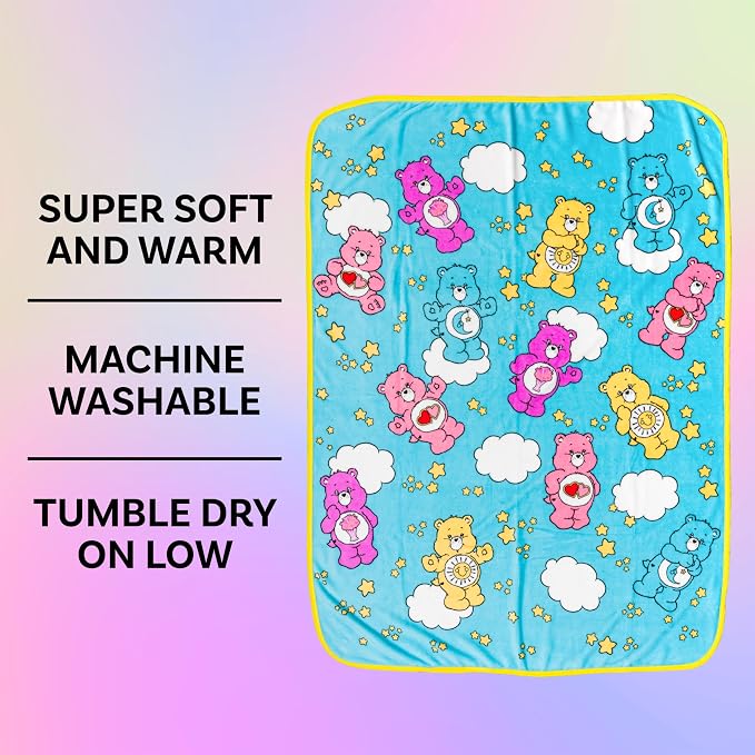 Silver Buffalo Care Bears, Fleece Throw Blanket, 45x60in | Share, Funshine, Bedtime, Love-A-Lot Bear, Soft and Cozy, 180 GSM