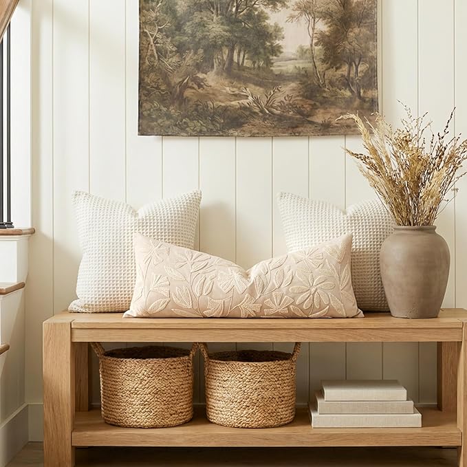 BlissBlush 14x36 Lumbar Pillow Cover for Bed, Rectangular Decorative Long Throw Pillowcase, Embroidered Farmhouse Accent Cushion, Beige Neutral Floral Tufted (Cover Only)
