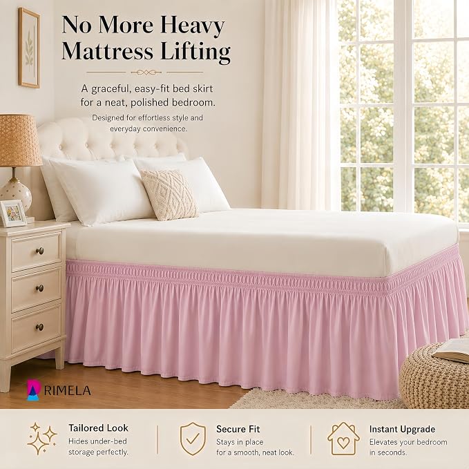 Dusty Pink Bed Skirt King Size 15" Drop, Elastic Wrap Around Bedskirt | Solid Ruffled, Easy to Use, No Mattress Lifting, Wrinkle & Fade Resistant, with Adhesive Strips, Machine Wash/Dry/Iron