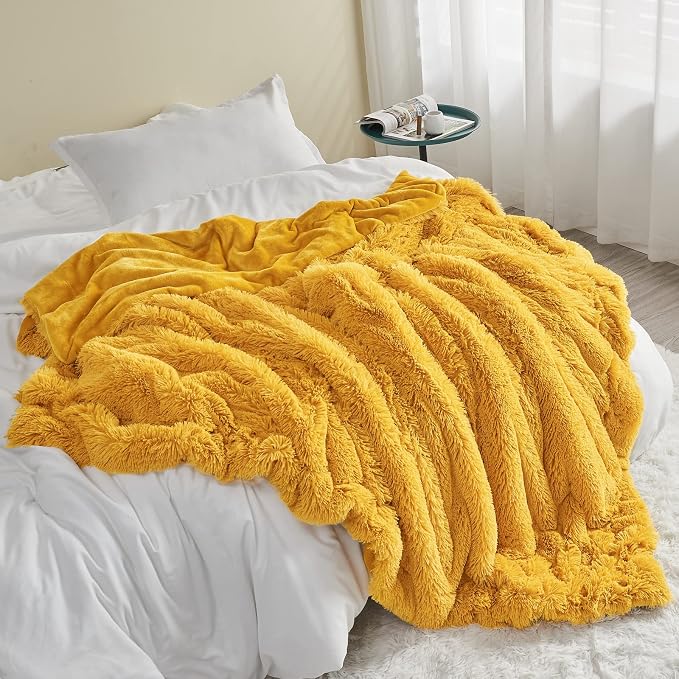 GONAAP Fuzzy Faux Fur Twin Blanket for Couch, Mustard Yellow, 60"x80" | Warm Cozy Plush Shaggy Decorative Reversible Thick Non-Heated Fleece Blanket for Sofa Bed, Gift for Women Men, All Season Use