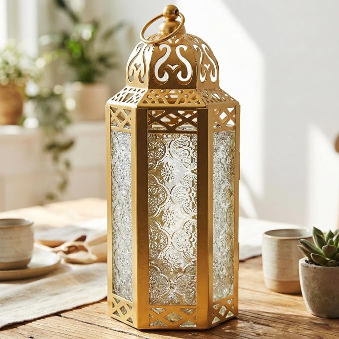 Vela Lanterns Decorative Indoor Fairy Light Ramadan Candle Holder, Gold, M | Eid Mubarak & Wedding Decorations, Turkish Moroccan Metal Hanging Lamp, Table Centerpieces, Outdoor Porch, 10.5" Tall