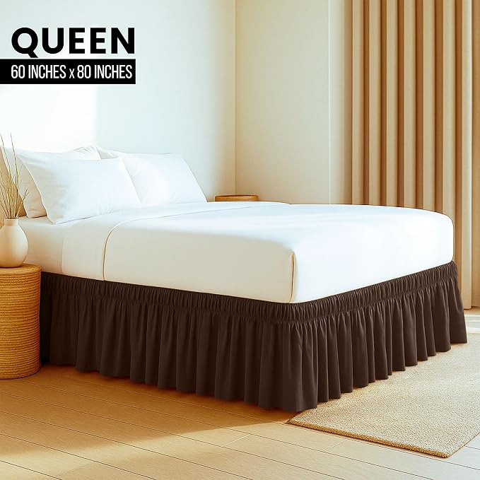 Wrap Around Queen Bed Skirt, Easy Fit Elastic Belt, 16 Inch Drop, Brown | No Mattress Lifting, Stay-Put Design, Adjustable Buckle & Elastic Belt, Wrinkle & Fade Resistant, Brushed Microfiber