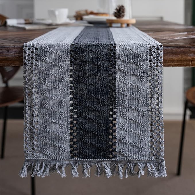 Macrame Table Runner Grey Boho Table Runners with Tassels 12x48in | Alynsehom Hand Woven Cotton Table Runner Rustic Farmhouse Table Runners for Bohemian Kitchen Dining Table