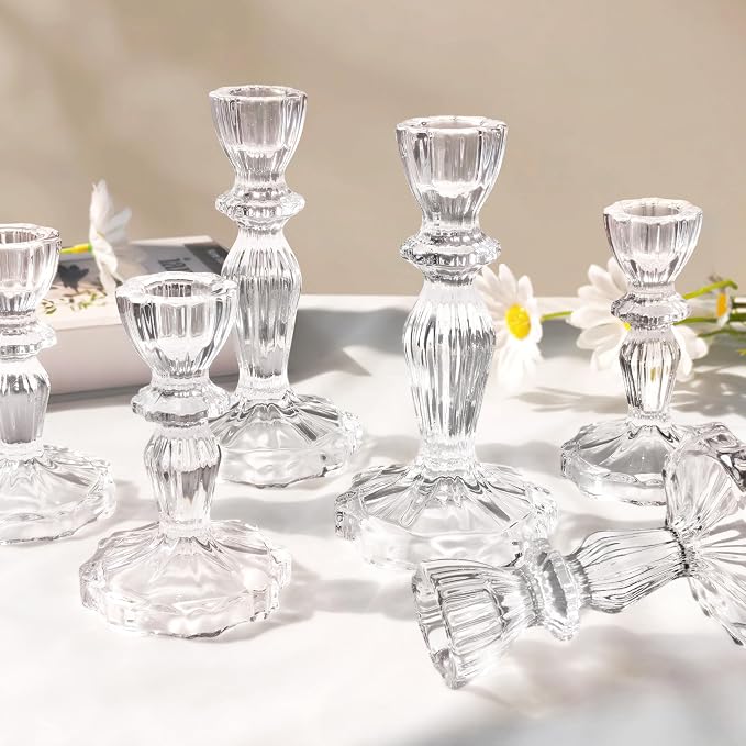 Glass Candlestick Holders Set of 6, Clear Stripe Taper Candle Holders for Table Centerpiece, Home Decorations, Wedding and Party