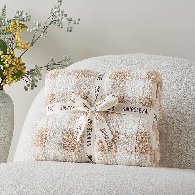 Snuggle Sac Checkered Throw Blanket for Couch, Super Soft Cozy Warm Knit Netural Decorative Fluffy Blankets, Reversible Buffalo Plaid Microfiber Throws for Sofa Bed, Plaid Beige, 50x60 Inches
