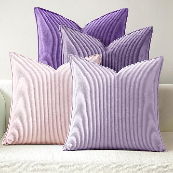 Pack of 4 Throw Pillow Covers Corduroy 16x16 Inch,Purple | Decorative Velvet Couch,Summer Cases Square,Farmhouse Boho Cushion Covers for Sofa Bed Living Room Home Decor & Office