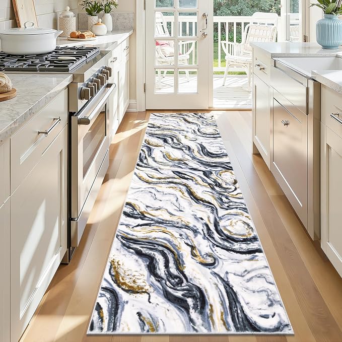 Yamaziot 2x8 Washable Modern Abstract Runner Rug Non-Slip for Hallways | Stain Resistant Kitchen Rug with Rubber Backing, Low Pile, Ultra Soft Carpet Runner for Bedroom, Laundry, Entrance,Black