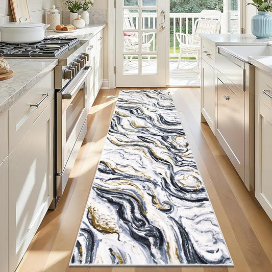 Yamaziot 2x8 Washable Modern Abstract Runner Rug Non-Slip for Hallways | Stain Resistant Kitchen Rug with Rubber Backing, Low Pile, Ultra Soft Carpet Runner for Bedroom, Laundry, Entrance,Black