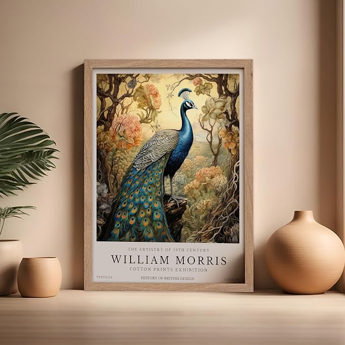 Poster Master William Morris Poster - Peacock Print - Bird Art - Botanical Design - Flower Art - Exhibition Display - Animal Illustration - Floral Design - Aesthetic Office or Bedroom Decor - 16x20 Beige Framed