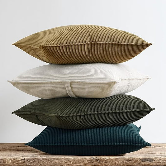 Pack of 4 Throw Pillow Covers Corduroy 20x20 Inch,Green Brown | Decorative Velvet Couch,Summer Cases Square,Farmhouse Boho Cushion Covers for Sofa Bed Living Room Home Decor & Office