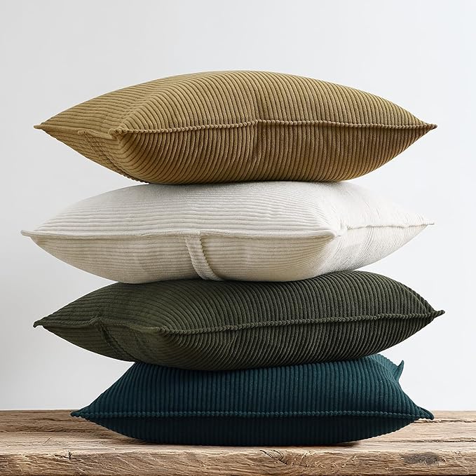Pack of 4 Throw Pillow Covers Corduroy 16x16 Inch,Green Brown | Decorative Velvet Couch,Summer Cases Square,Farmhouse Boho Cushion Covers for Sofa Bed Living Room Home Decor & Office