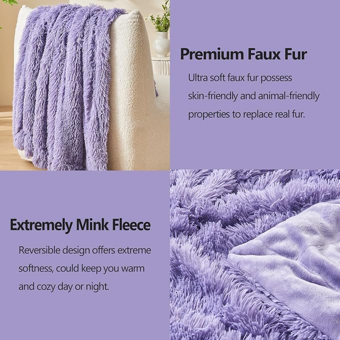 GONAAP Fuzzy Faux Fur Throw Blanket for Couch, Lavender, 50"x60" | Warm Cozy Plush Shaggy Decorative Reversible Thick Non-Heated Fleece Blanket for Sofa Bed, Gift for Women Men, All Season Use