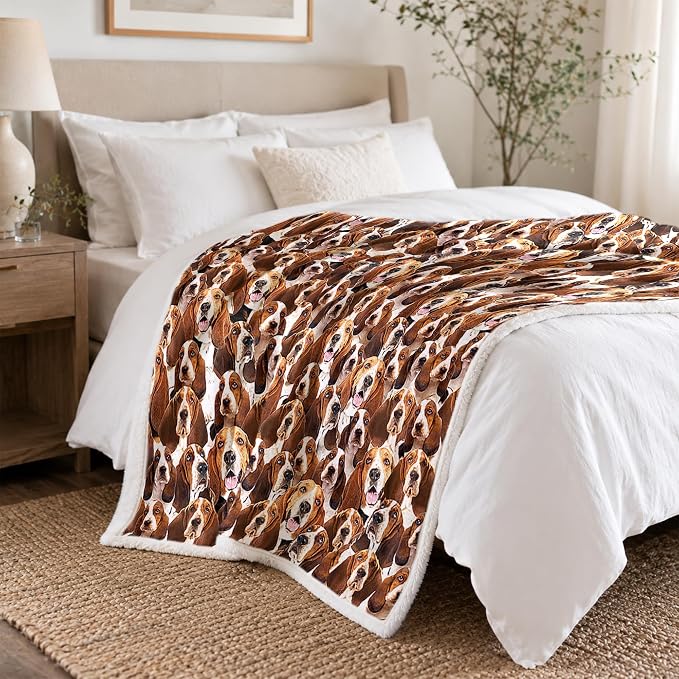 BlessLiving Throw Blanket, Brown Dog Animal Gift, 50x60 in | sherpa fleece fabric, Bassett Hound Dense Pet Blankets Puppy print, for couch or sofa, pet lovers, easy machine care