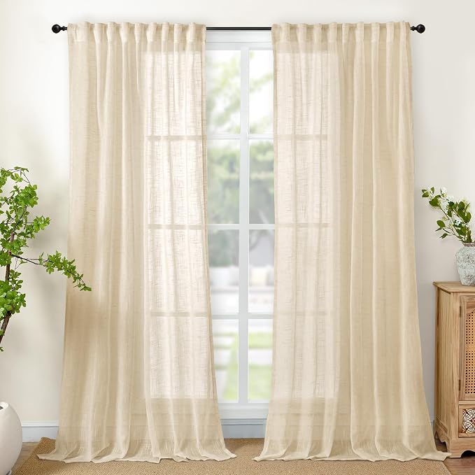 Tan Linen Semi Sheer Curtains for Farmhouse Living Room 52x84 Inch Length | Natural Light Filtering Window Drapes Textured with Rod Pocket Back Tab for Dining Bedroom Window, 2 Panels