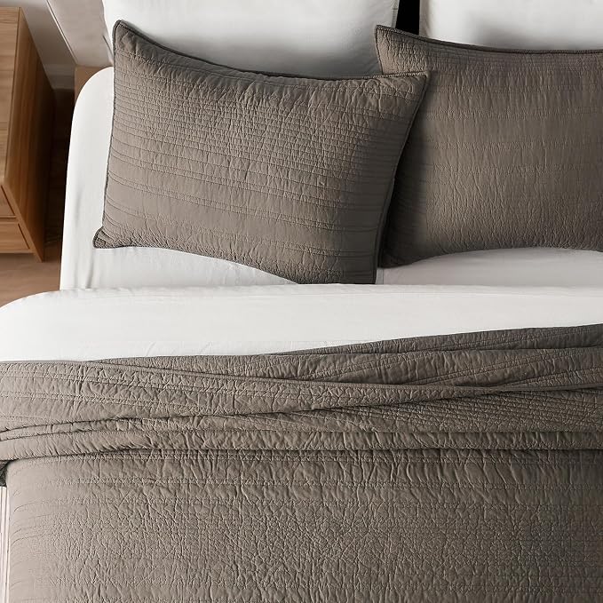 EVERGRACEHOME 100% Cotton Modern Lines Quilt Set Queen Size, Mushroom Brown | Pre-Washed Soft Cotton, Striped Coverlet Bedspread, 3 Piece Lightweight Bedding Set for All Season, with 2 Pillow Shams
