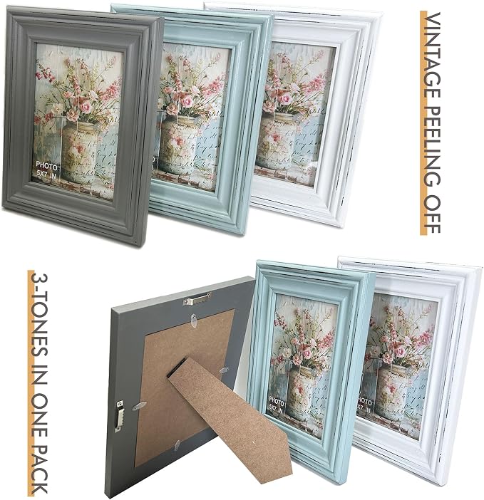 Vintage 5x7 Inches Wooden Picture Frame Pack of 3 Farmhouse Aqua Grey White - Rustic Thick Wood High Definition Glass Photo Frame Outside 7.9x9.9 Inches - 2 Ways Display Tabletop or Wall Mounted