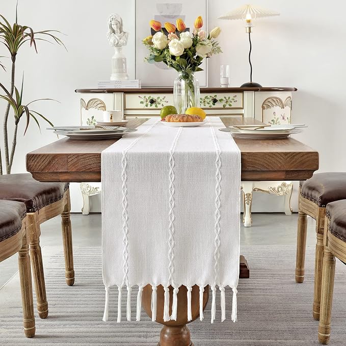 Wracra Rustic Linen Table Runner, White Table Runners 60 inches Long | Raised Embroidered Design and Hand-Tassels;Cotton Linen Woven Fabric; Farmhouse Table Runner;Home Kitchen Dining Decor