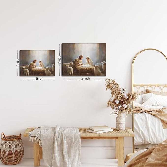 Framed Jesus Camvas Wall Art, Christian Wall Decor Painting, Nativity Scene Print, Jesus and Lamb Religious Artwork Picture for Living Room Bedroom Church Decor 12x16 Inch