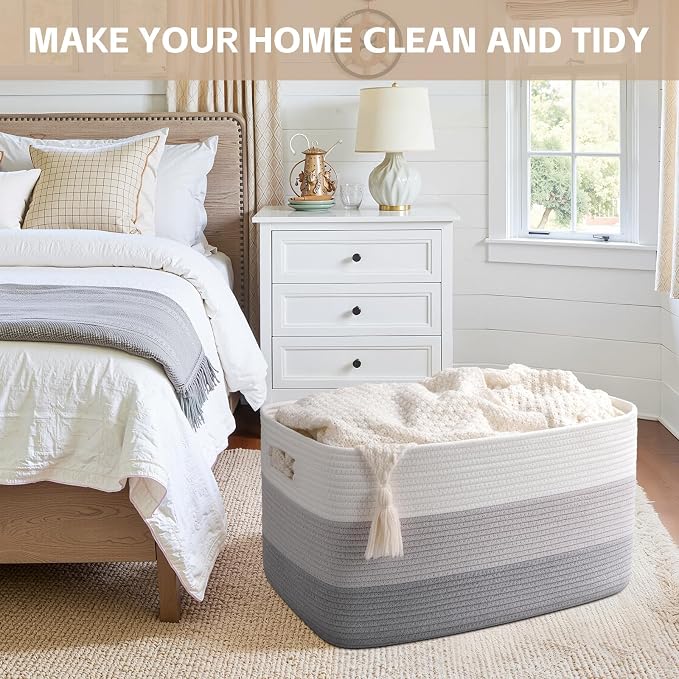 OIAHOMY Large Blanket Basket, 22”x17”x12” Rectangle Woven Baskets, Nursery Blanket Storage Living Room, Toy Storage With Handle, Large Baskets for Organizing-Gradient Grey (Pack of 2)